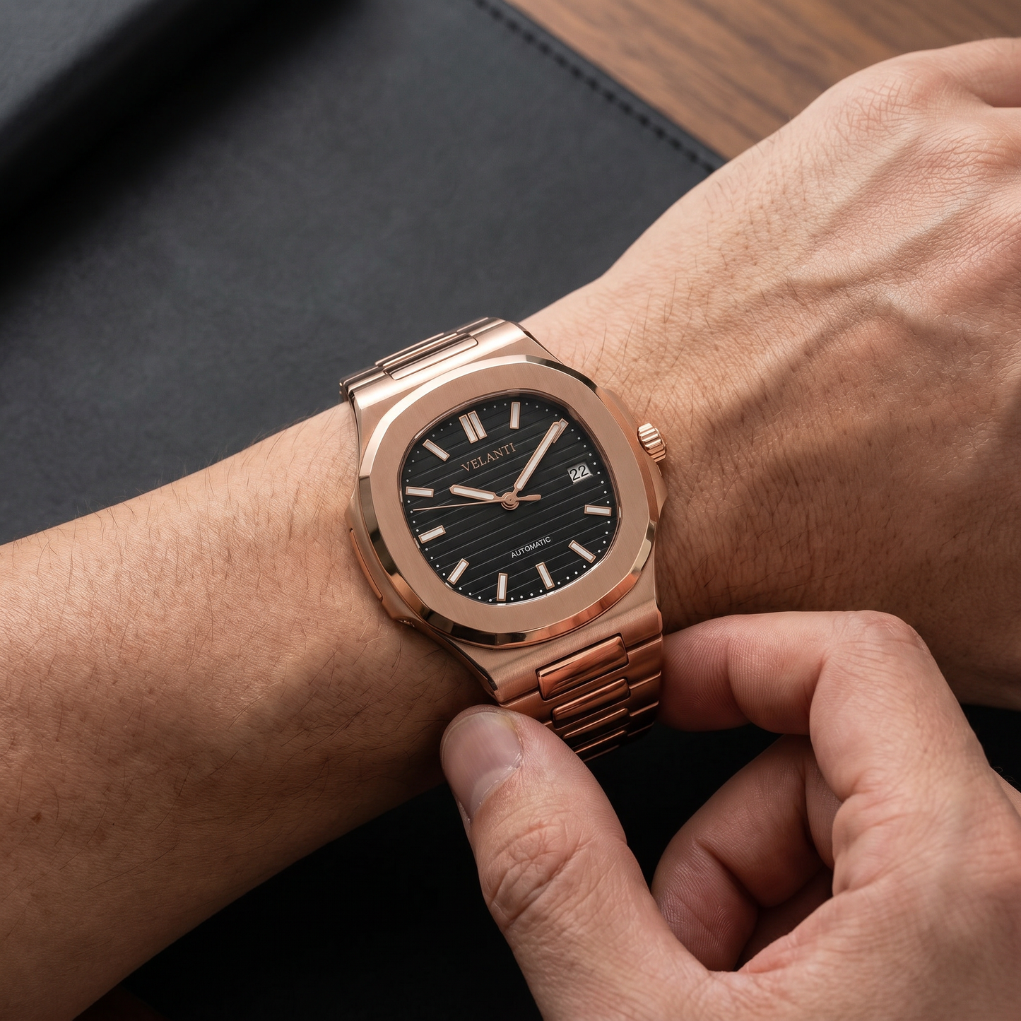 Nautilus-style custom mod watch, Velanti Milano Nautvel Rose Gold Black worn on wrist photo 8