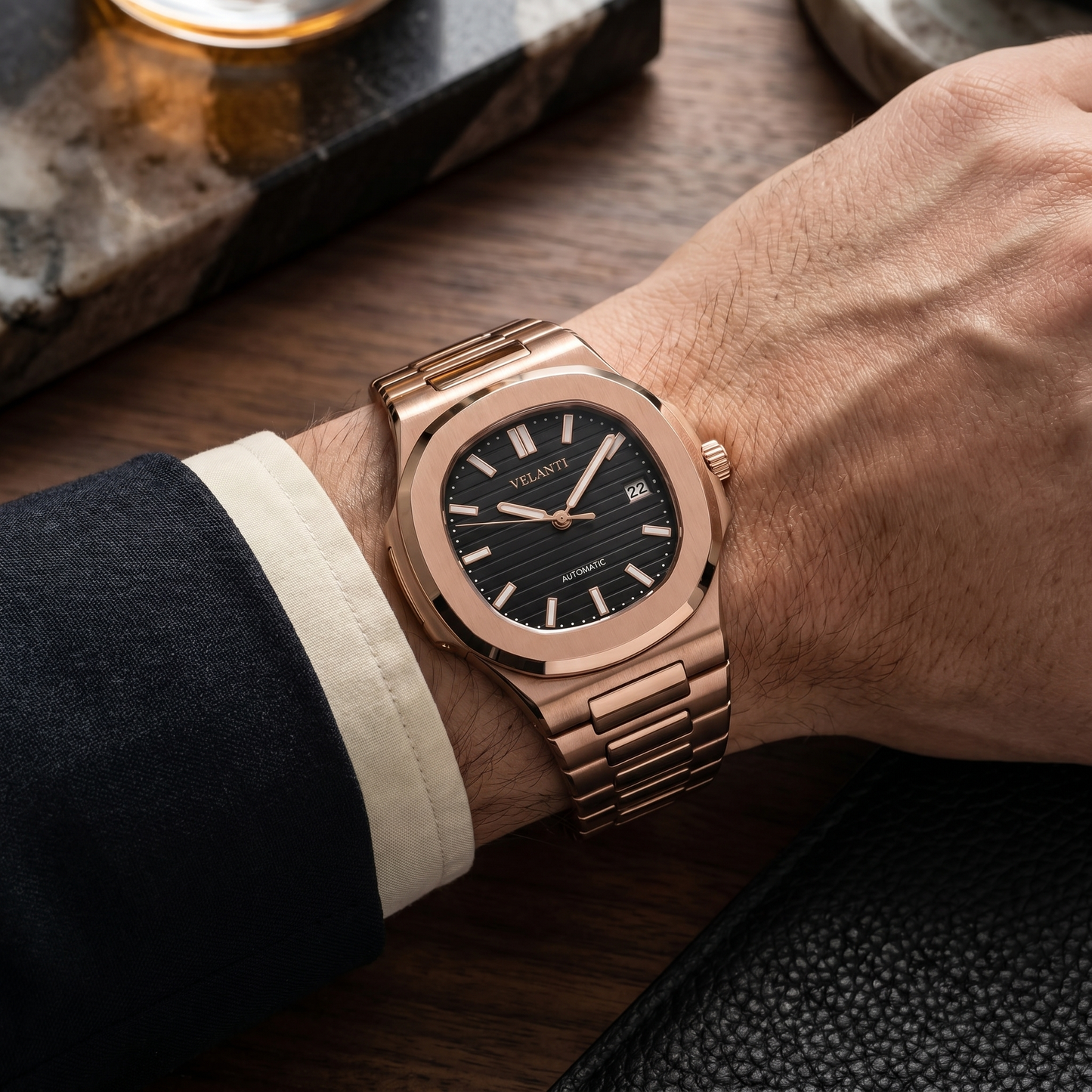 Nautilus-style custom mod watch, Velanti Milano Nautvel Rose Gold Black worn on wrist photo 10