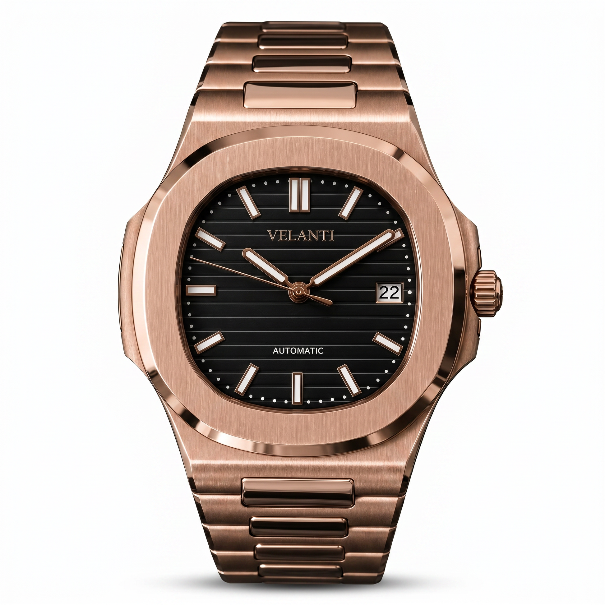 Nautilus-style custom mod watch, Velanti Milano Nautvel Rose Gold Black, main product photo