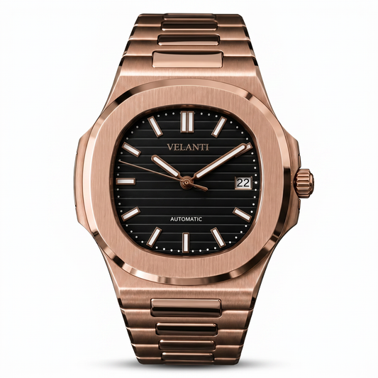 Nautilus-style custom mod watch, Velanti Milano Nautvel Rose Gold Black, main product photo