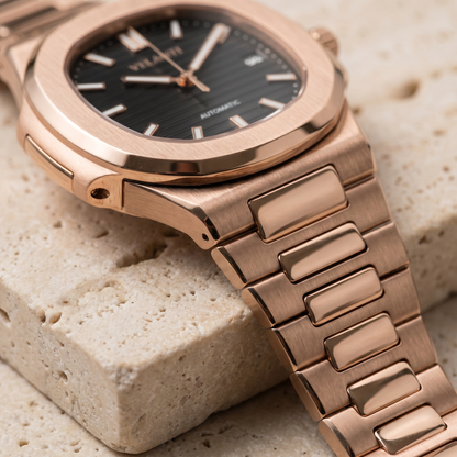 Nautilus-style custom mod watch, Velanti Milano Nautvel Rose Gold Black, product photo 3