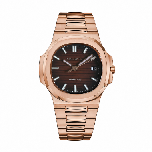 Nautilus-style custom mod watch, Velanti Milano Nautvel Rose Gold Brown, main product photo