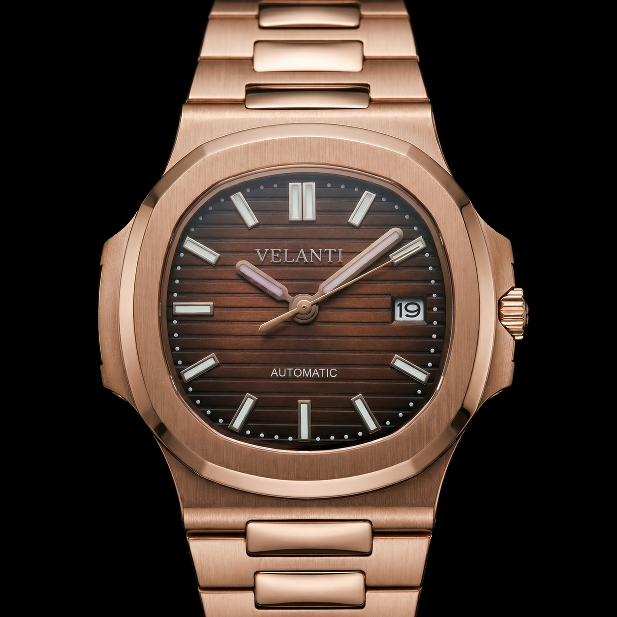 Nautilus-style custom mod watch, Velanti Milano Nautvel Rose Gold Brown, product photo 4