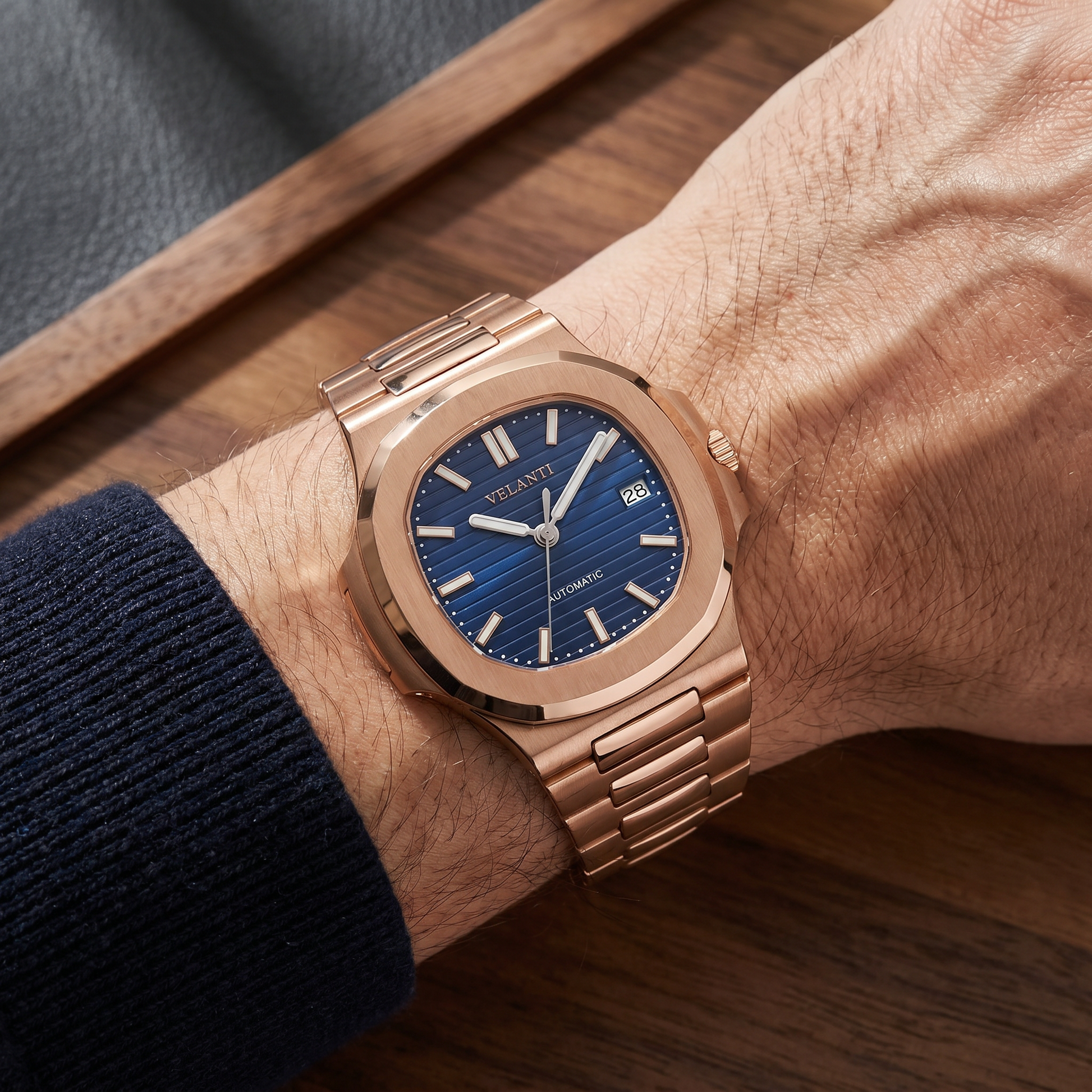 Nautilus-style custom mod watch, Velanti Milano Nautvel Rose Gold Royal Blue worn on wrist photo 4