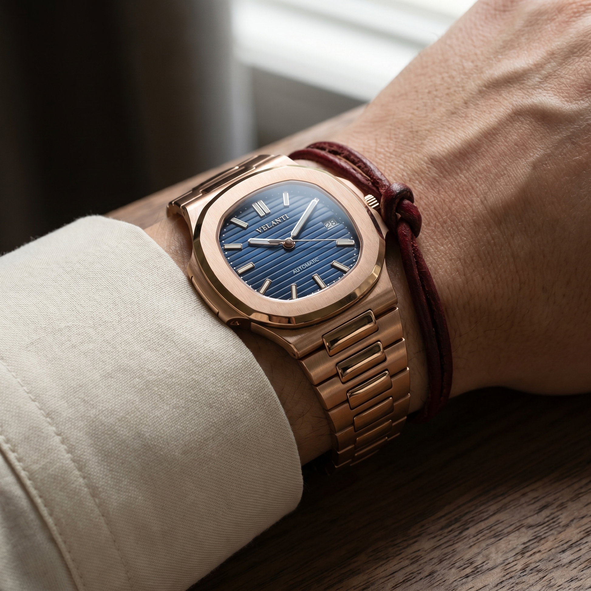 Nautilus-style custom mod watch, Velanti Milano Nautvel Rose Gold Royal Blue, product photo 5