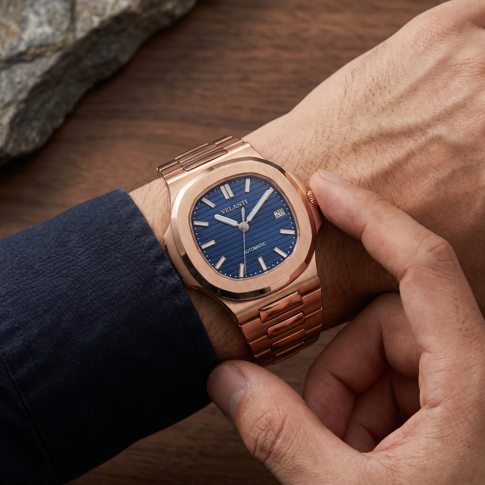 Nautilus-style custom mod watch, Velanti Milano Nautvel Rose Gold Royal Blue worn on wrist photo 7