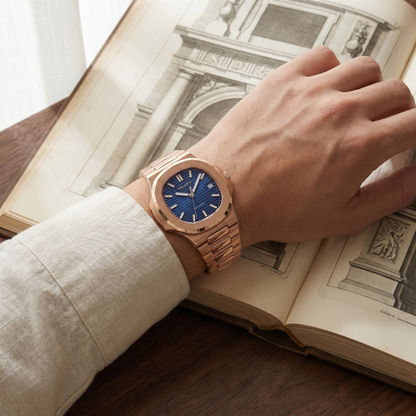 Nautilus-style custom mod watch, Velanti Milano Nautvel Rose Gold Royal Blue worn on wrist photo 2