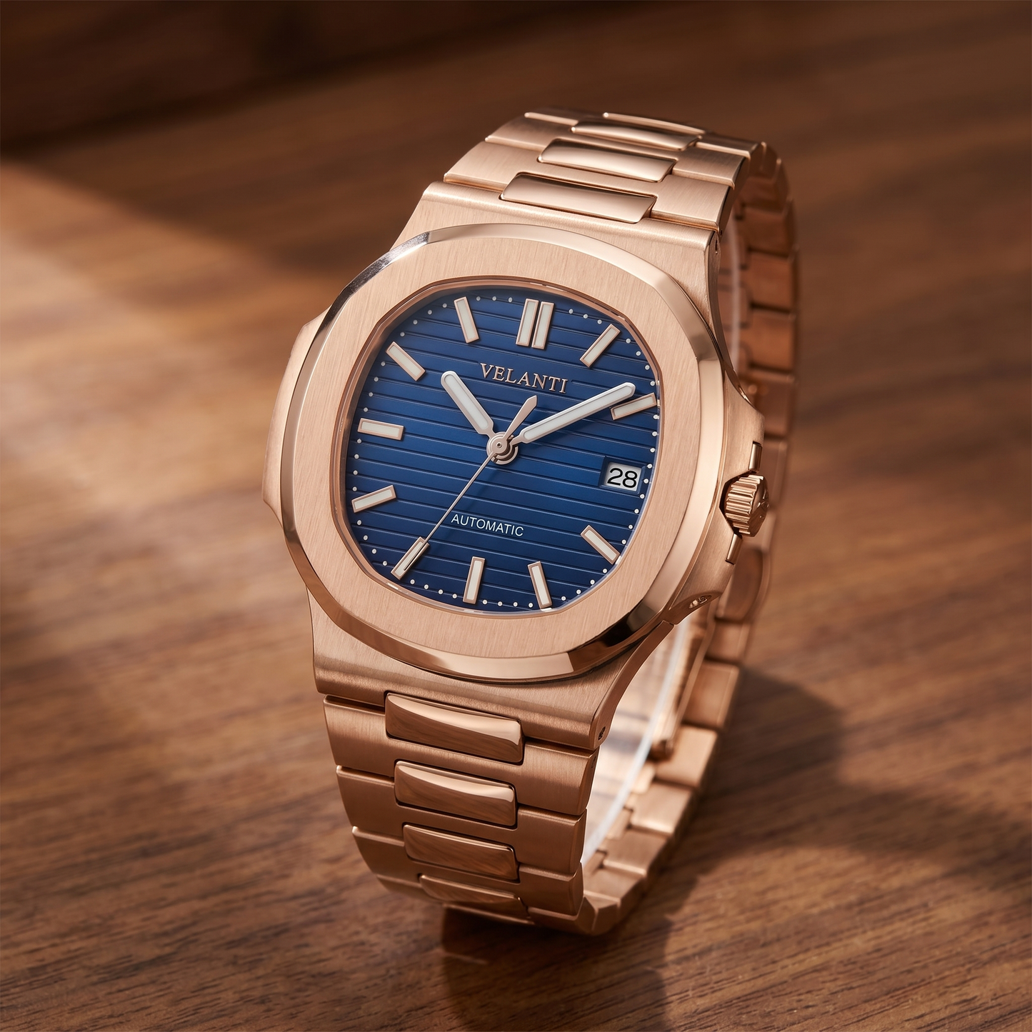 Nautilus-style custom automatic watch, Velanti Milano Nautvel Rose Gold Royal Blue, watch detail photo