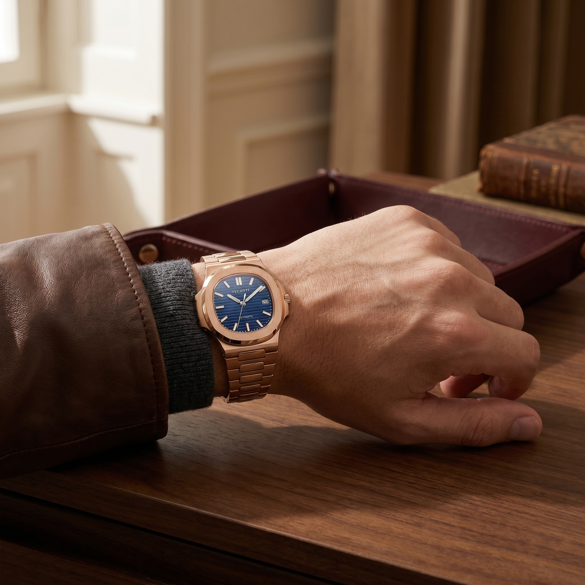Nautilus-style custom mod watch, Velanti Milano Nautvel Rose Gold Royal Blue worn on wrist photo 8