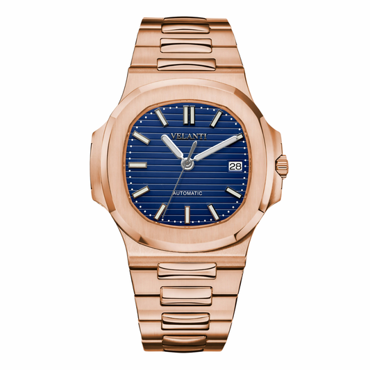 Nautilus-style custom mod watch, Velanti Milano Nautvel Rose Gold Royal Blue, main product photo