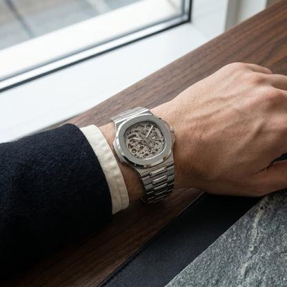 Nautilus-style custom mod watch, Velanti Milano Nautvel Skeleton worn on wrist