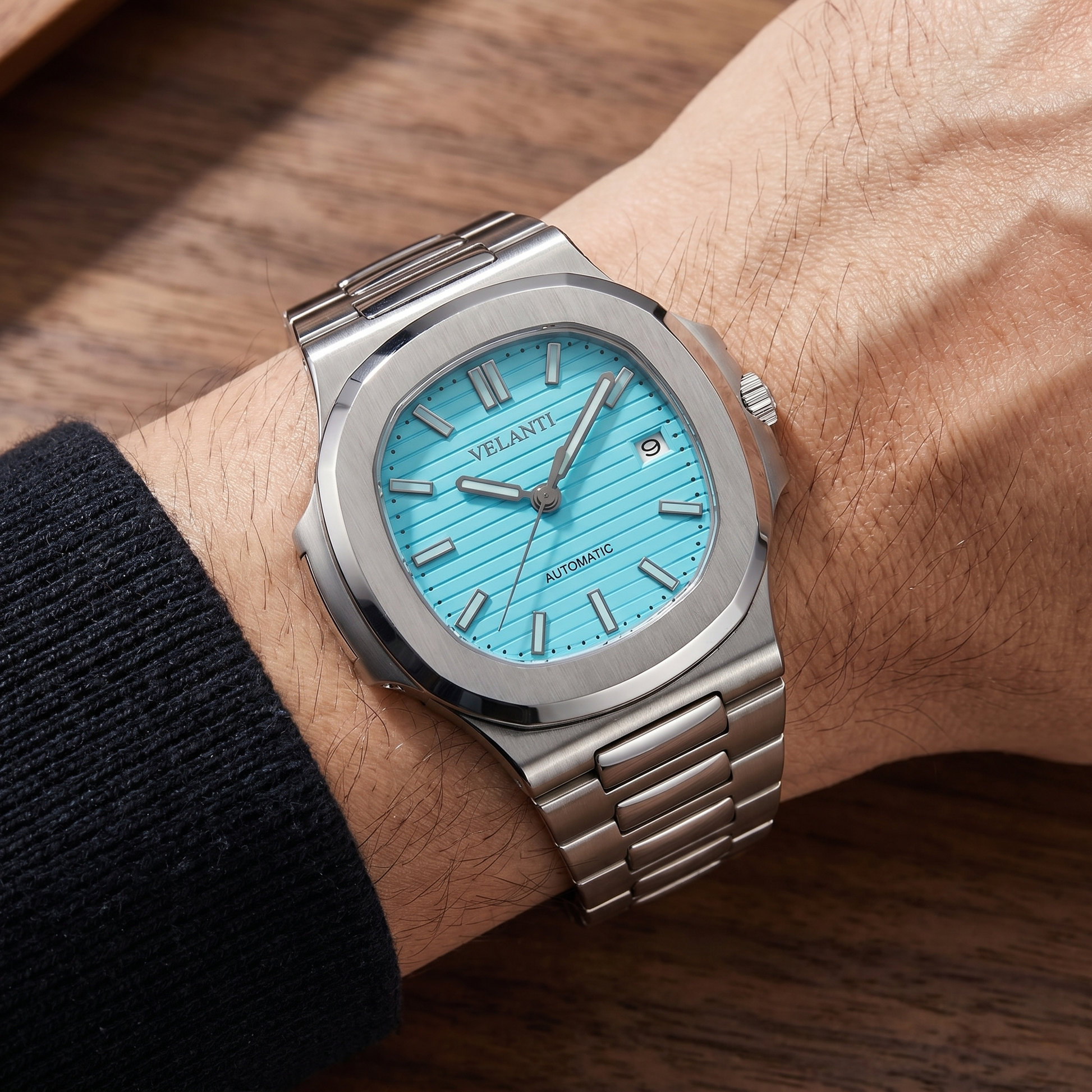 Nautilus-style custom mod watch, Velanti Milano Nautvel Tiffany Blue worn on wrist photo 5