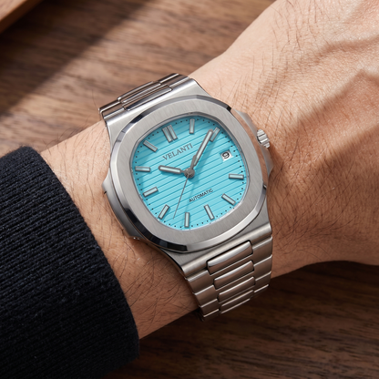 Nautilus-style custom mod watch, Velanti Milano Nautvel Tiffany Blue worn on wrist photo 5