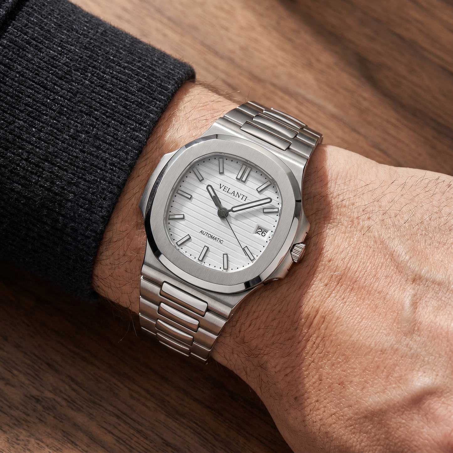Nautilus-style custom mod watch, Velanti Milano Nautvel White worn on wrist photo 6