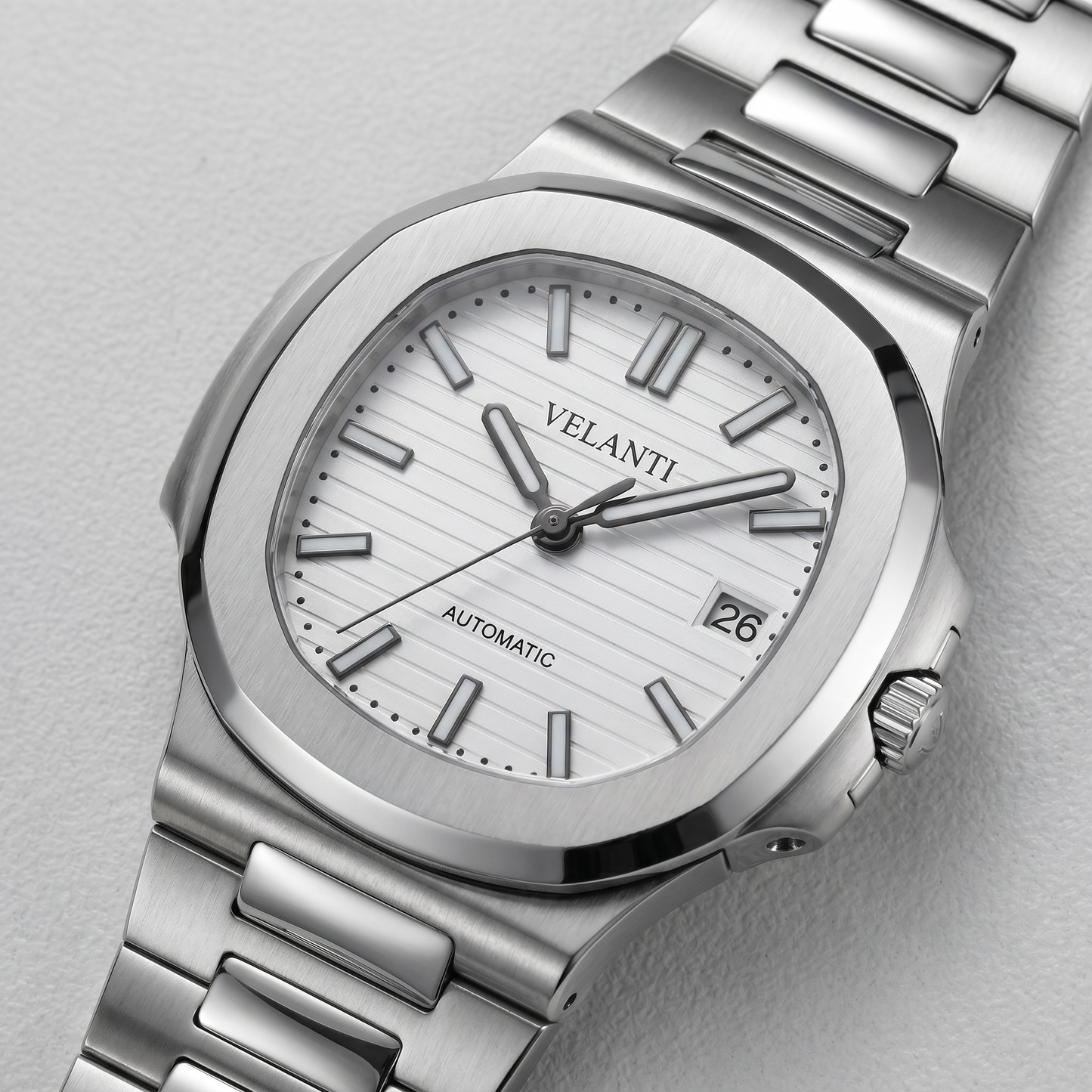 Nautilus-style custom automatic watch, Velanti Milano Nautvel White, watch detail photo 9