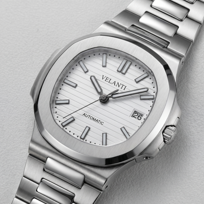Nautilus-style custom automatic watch, Velanti Milano Nautvel White, watch detail photo 9