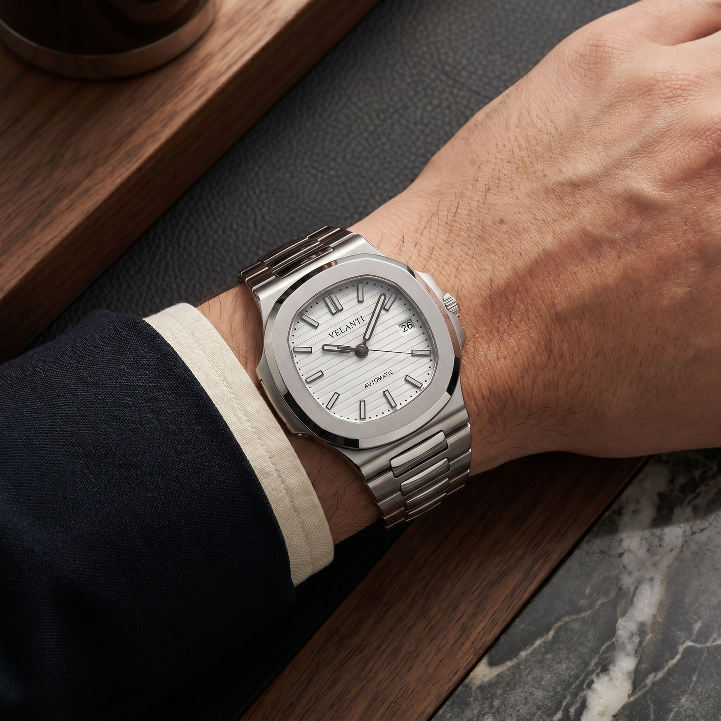 Nautilus-style custom mod watch, Velanti Milano Nautvel White worn on wrist photo 4