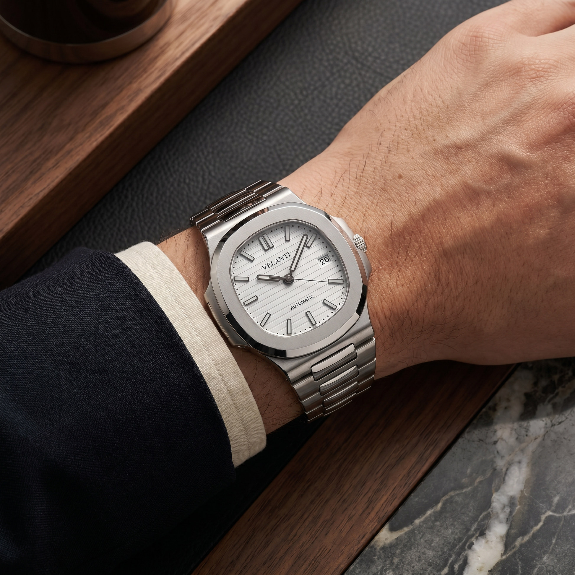 Nautilus-style custom mod watch, Velanti Milano Nautvel White worn on wrist photo 4