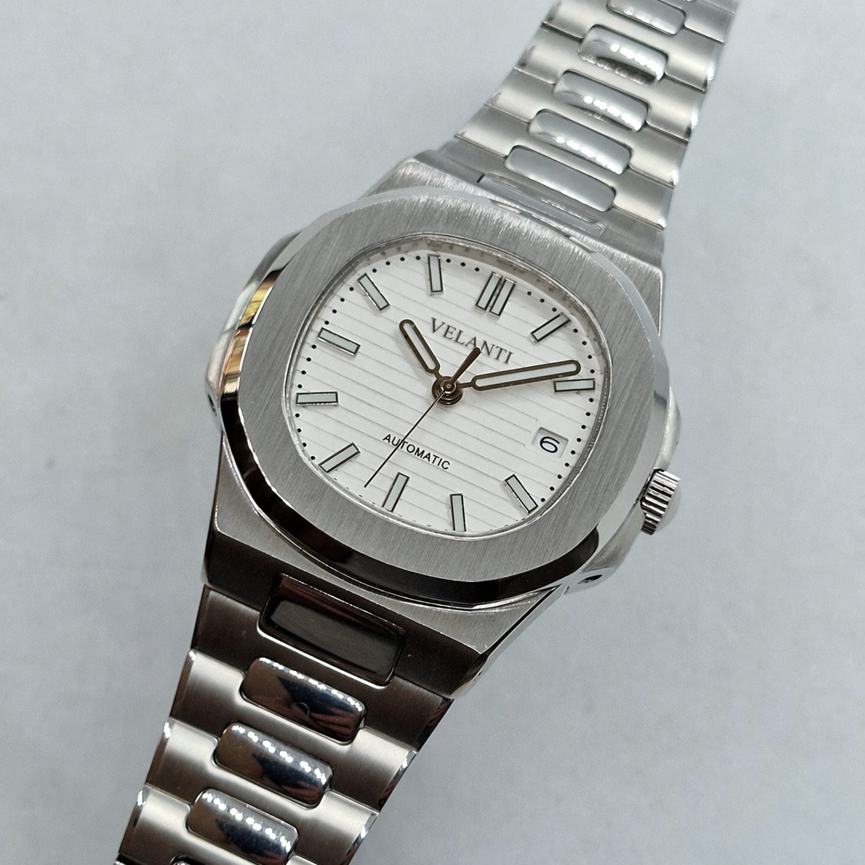 Nautilus-style custom mod watch, Velanti Milano Nautvel White, product photo 5