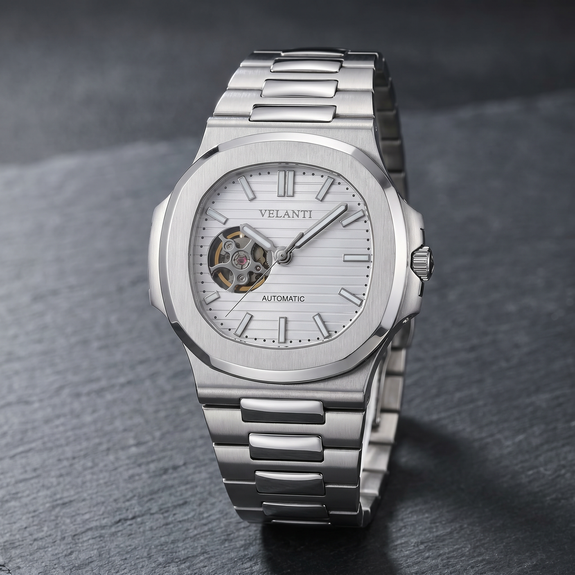 Nautilus-style custom automatic watch, Velanti Milano Nautvel White Open Heart, bracelet detail photo