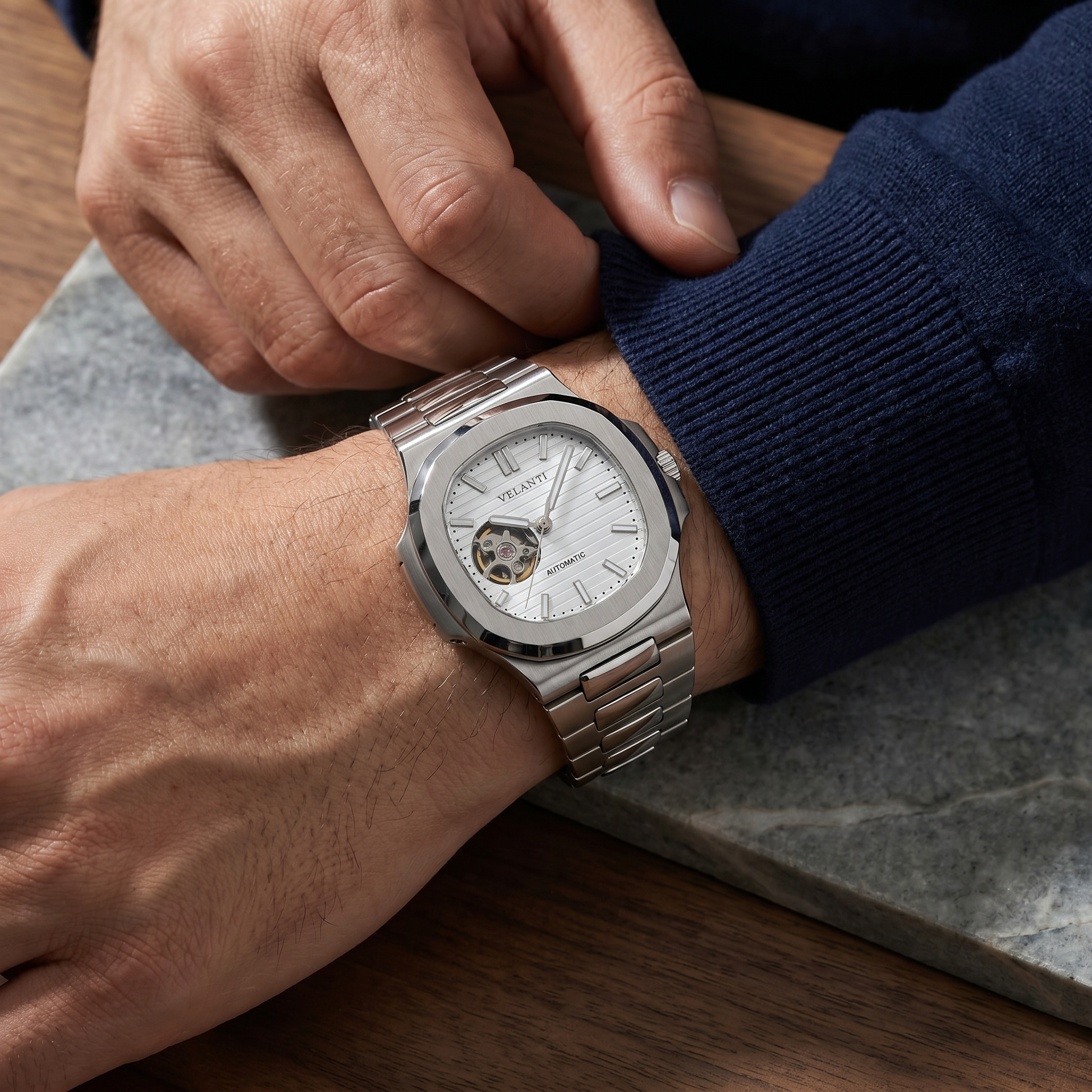 Nautilus-style custom mod watch, Velanti Milano Nautvel White Open Heart worn on wrist photo 7