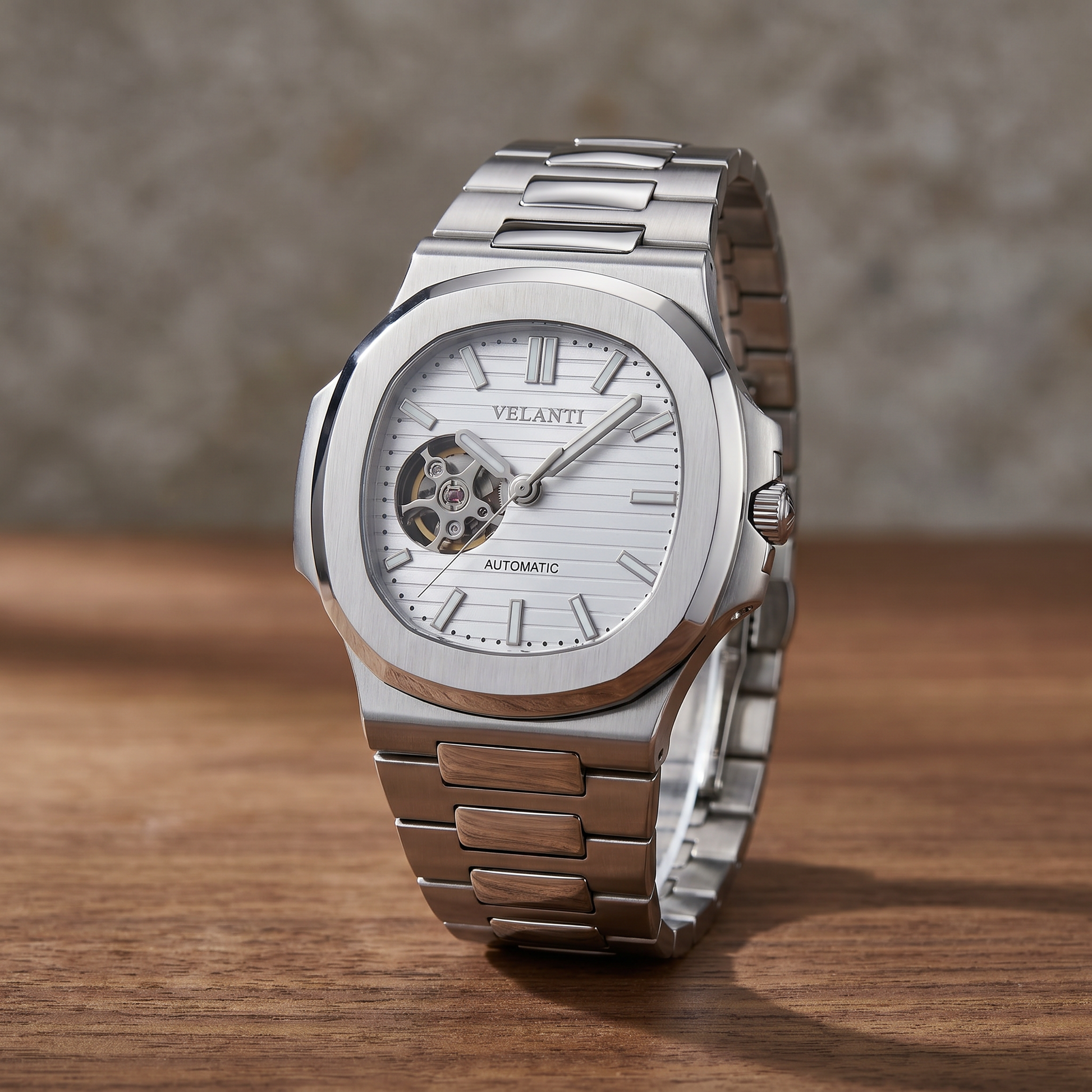 Nautilus-style custom automatic watch, Velanti Milano Nautvel White Open Heart, watch detail photo