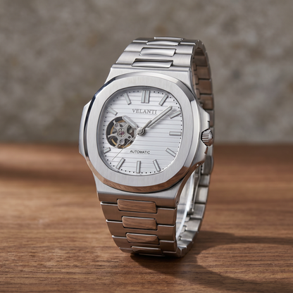 Nautilus-style custom automatic watch, Velanti Milano Nautvel White Open Heart, watch detail photo