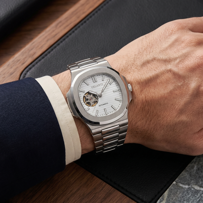 Nautilus-style custom mod watch, Velanti Milano Nautvel White Open Heart worn on wrist photo 9