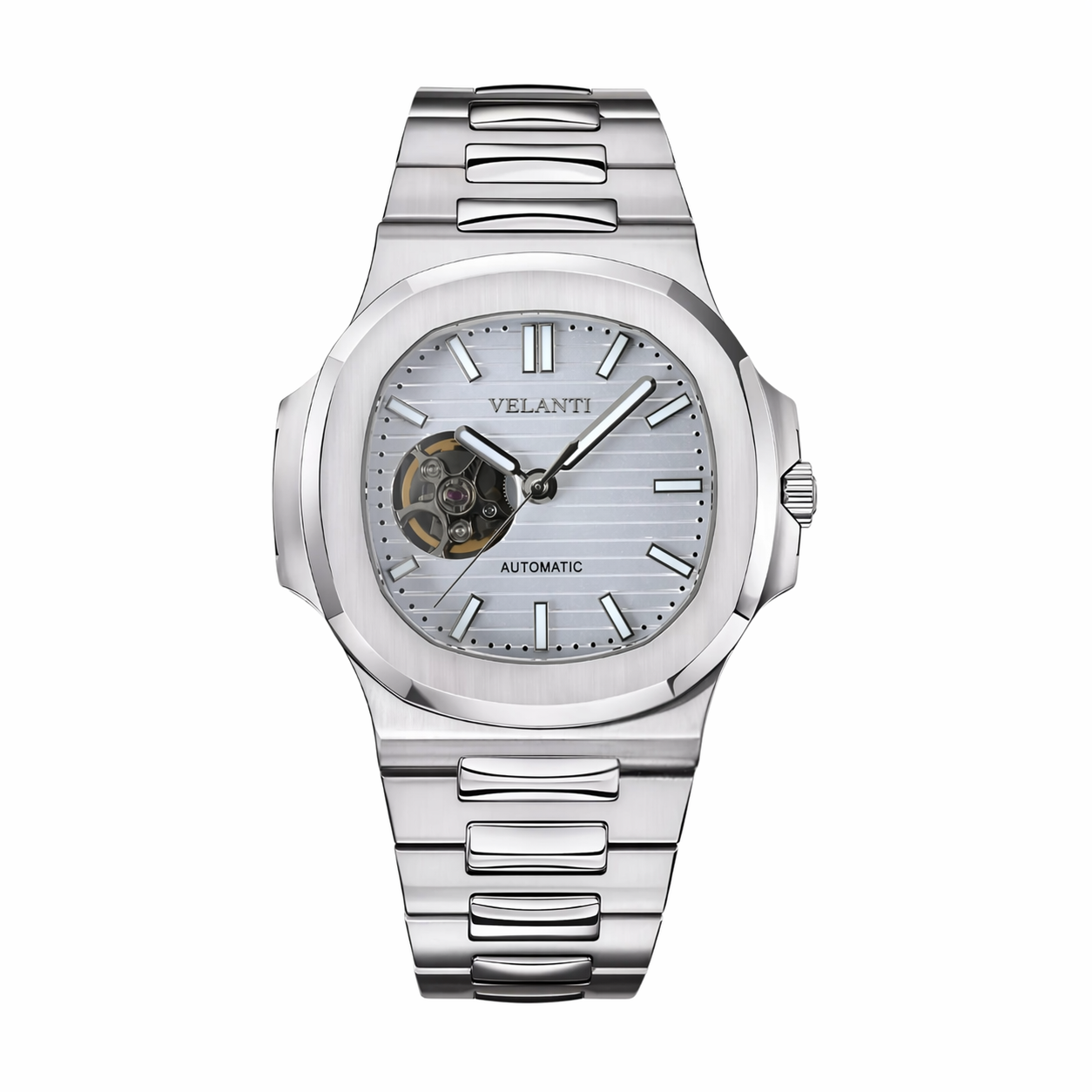 Nautilus-style custom mod watch, Velanti Milano Nautvel White Open Heart, main product photo