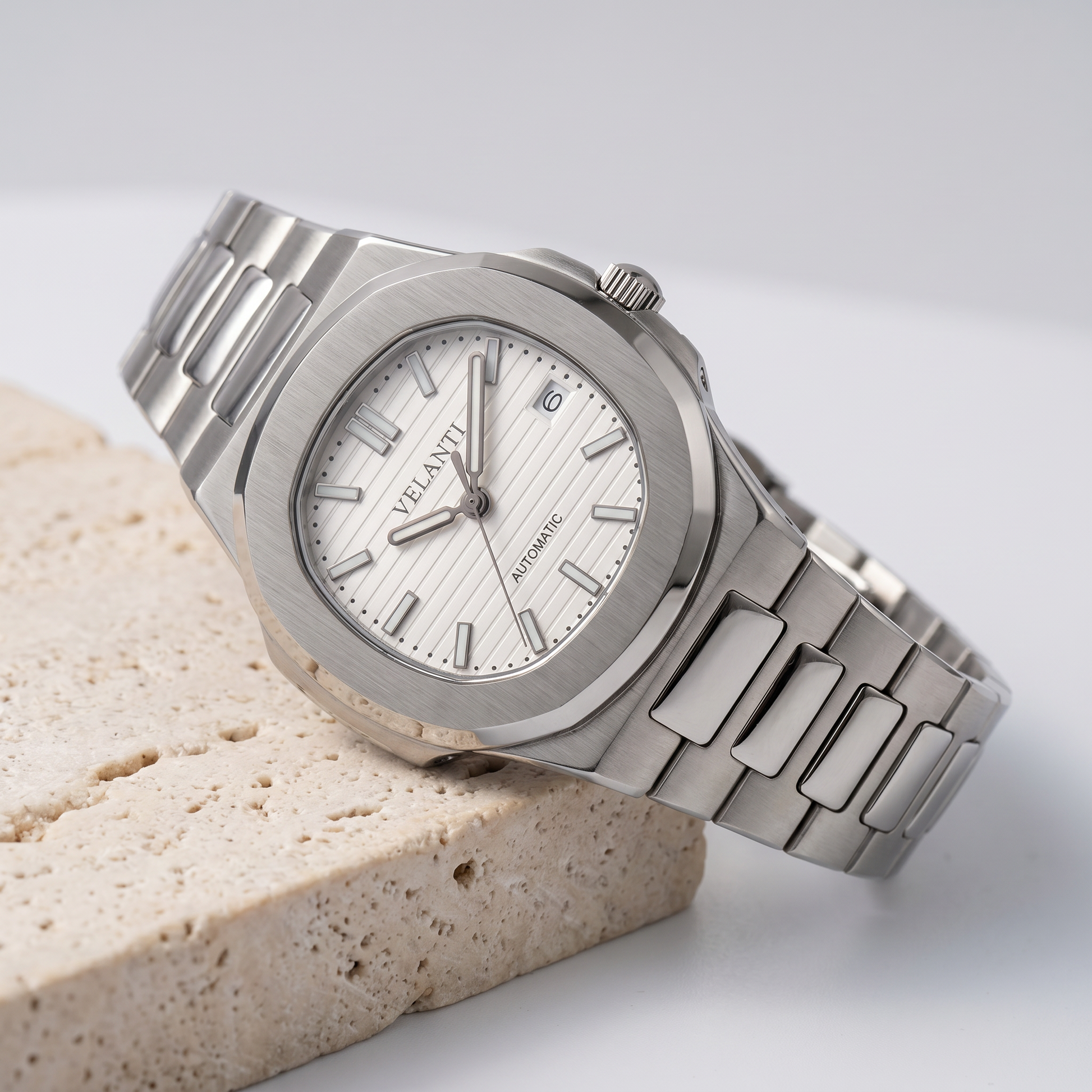 Nautilus-style custom mod watch, Velanti Milano Nautvel White, product photo 3