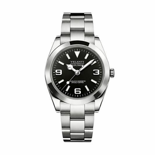Explorer-style custom mod watch, Velanti Milano Oystvel Black, main product photo