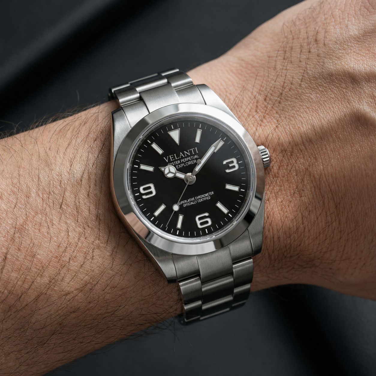 Explorer-style custom mod watch, Velanti Milano Oystvel Black, product photo 2