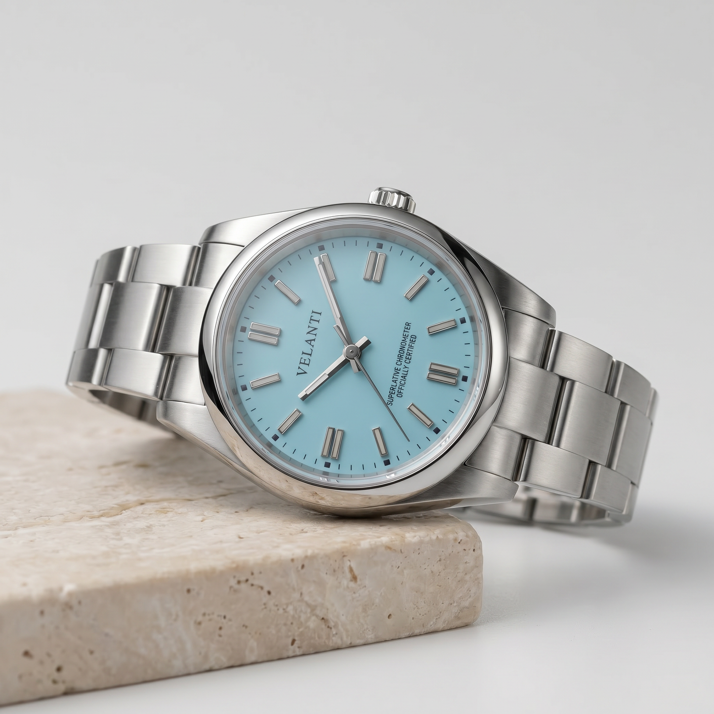Explorer-style custom mod watch, Velanti Milano Oystvel Tiffany Blue, product photo 6