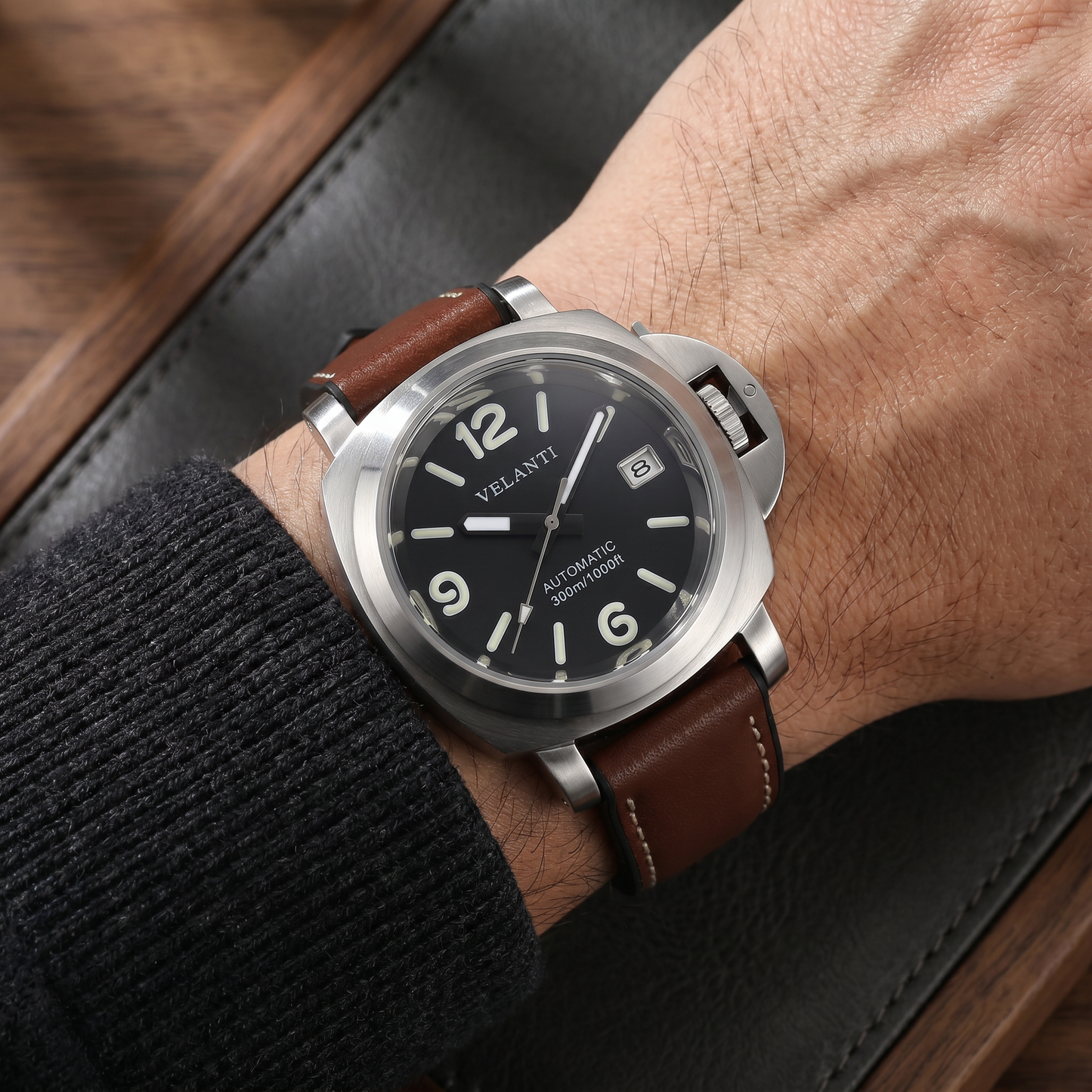 Panerai-style custom mod watch, Velanti Milano Panvel Brown Leather worn on wrist photo 9