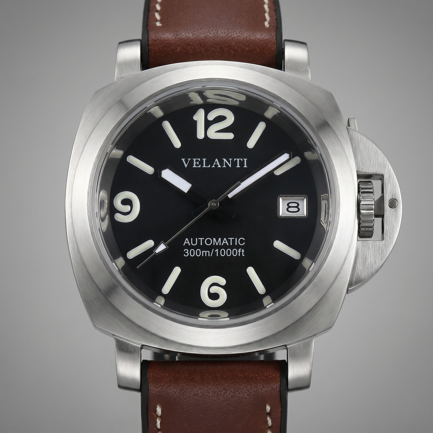 Panerai-style custom automatic watch, Velanti Milano Panvel Brown Leather, watch detail photo 11