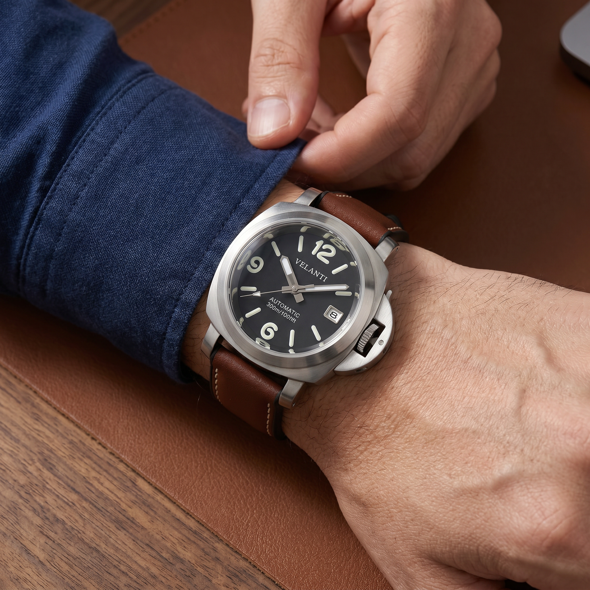 Panerai-style custom mod watch, Velanti Milano Panvel Brown Leather worn on wrist photo 12