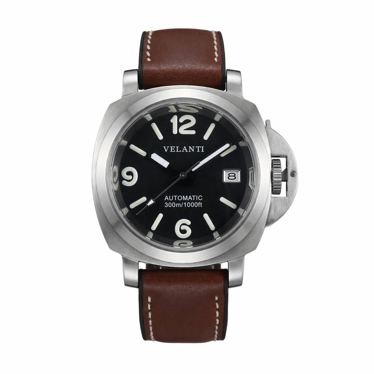 Panerai-style custom mod watch, Velanti Milano Panvel Brown Leather, main product photo