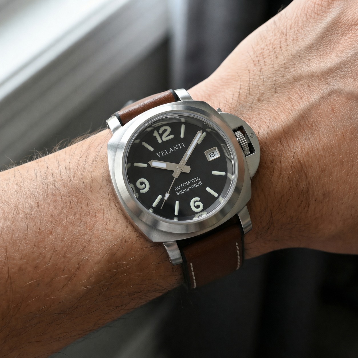 Panerai-style custom mod watch, Velanti Milano Panvel Brown Leather, product photo 4