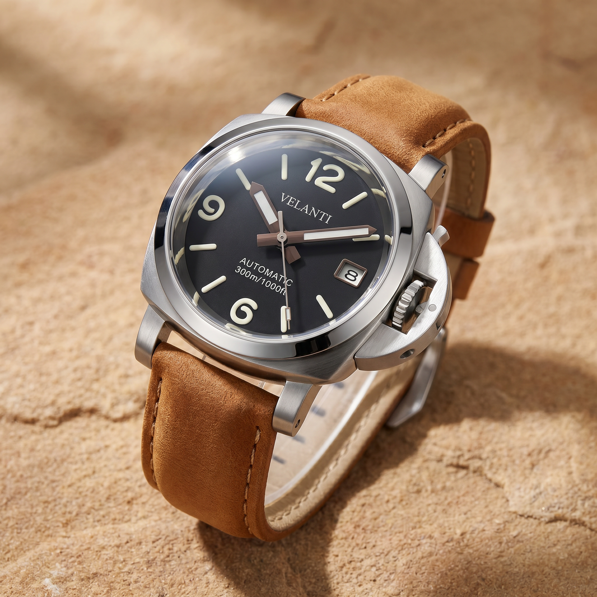 Panerai-style custom automatic watch, Velanti Milano Panvel Sand Leather, bracelet detail photo