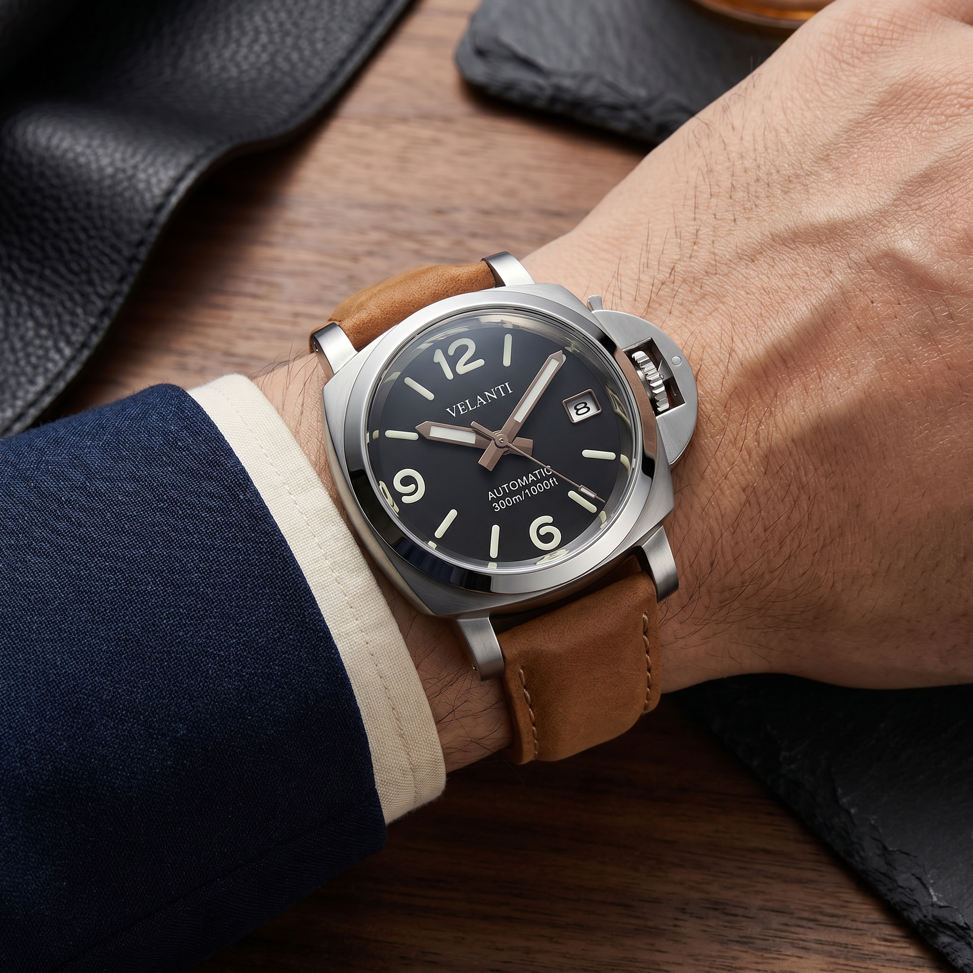 Panerai-style custom mod watch, Velanti Milano Panvel Sand Leather worn on wrist photo 9