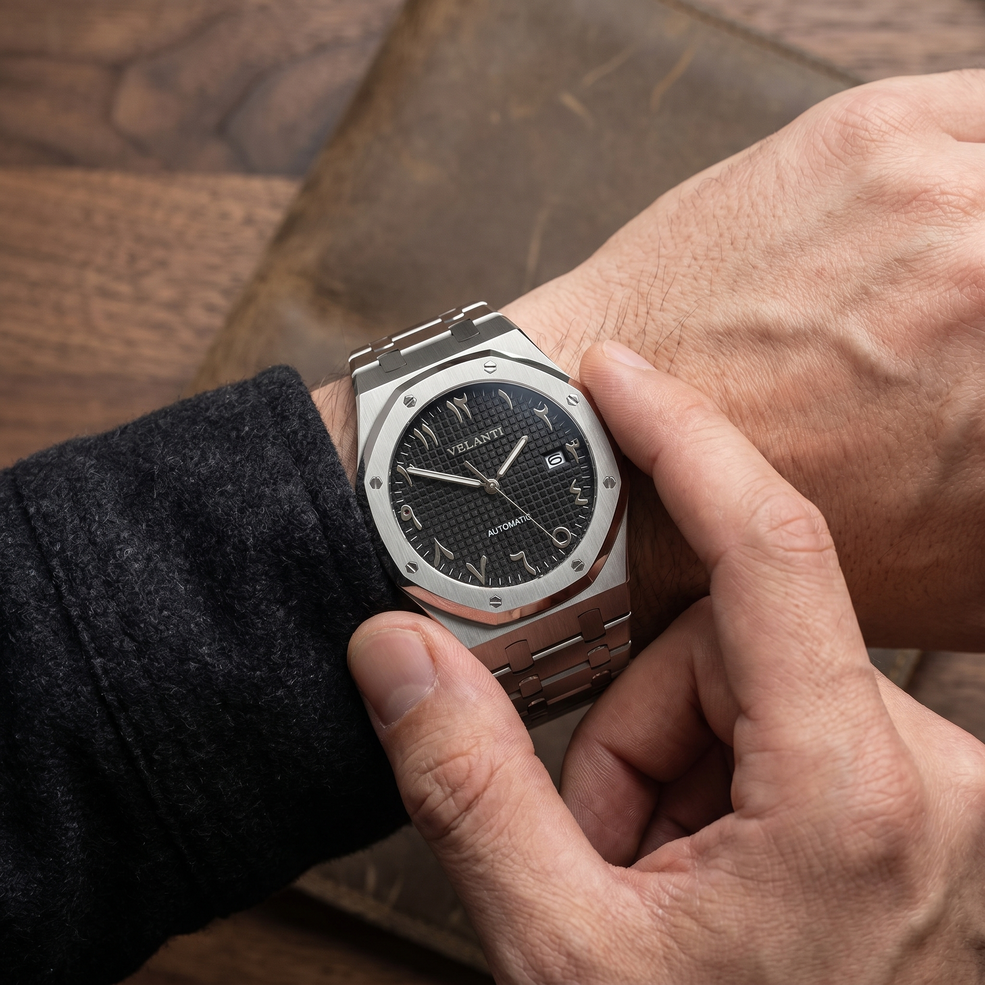 Royal Oak-style custom mod watch, Velanti Milano Royal Veloak Arabic Black worn on wrist