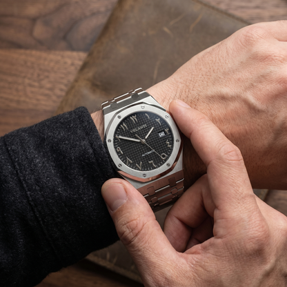 Royal Oak-style custom mod watch, Velanti Milano Royal Veloak Arabic Black worn on wrist
