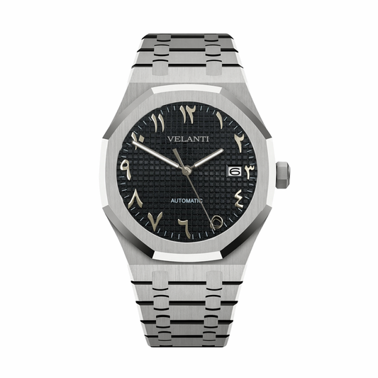 Royal Oak-style custom mod watch, Velanti Milano Royal Veloak Arabic Black, main product photo
