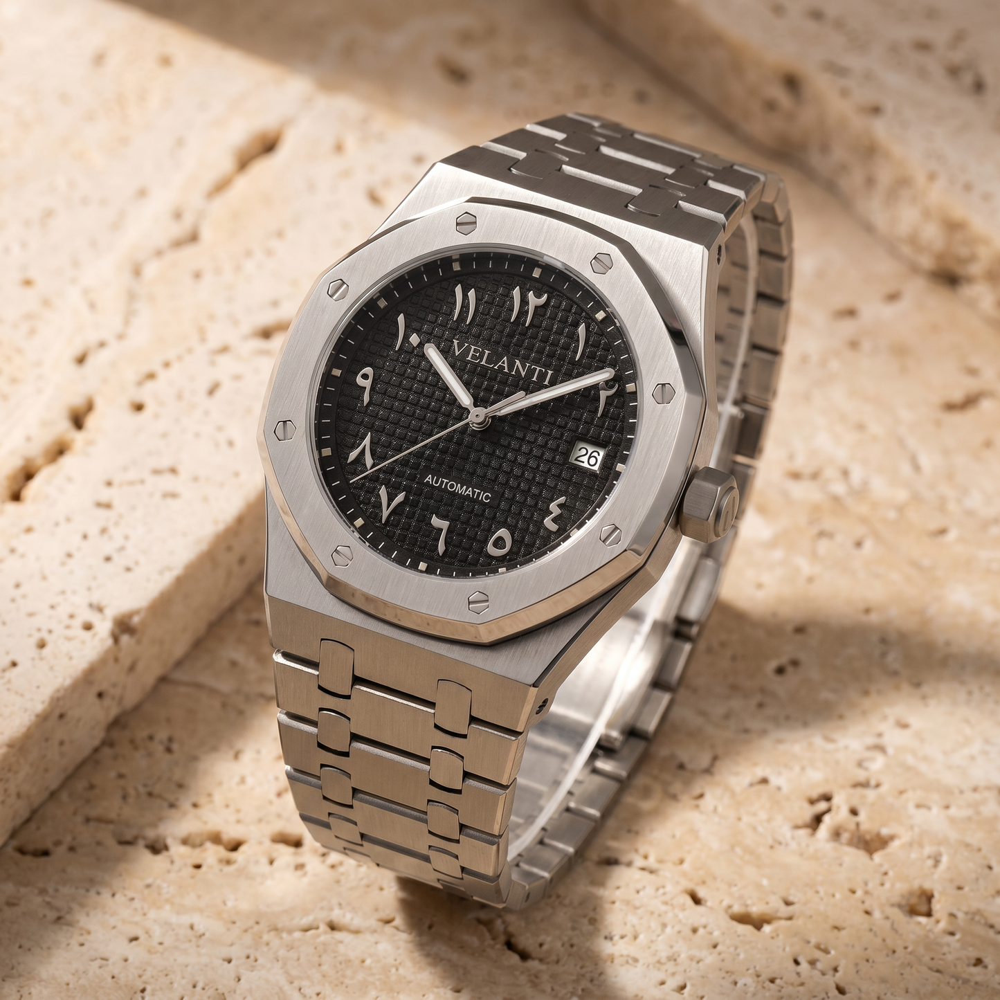 Royal Oak-style custom mod watch, Velanti Milano Royal Veloak Arabic Black, product photo 2
