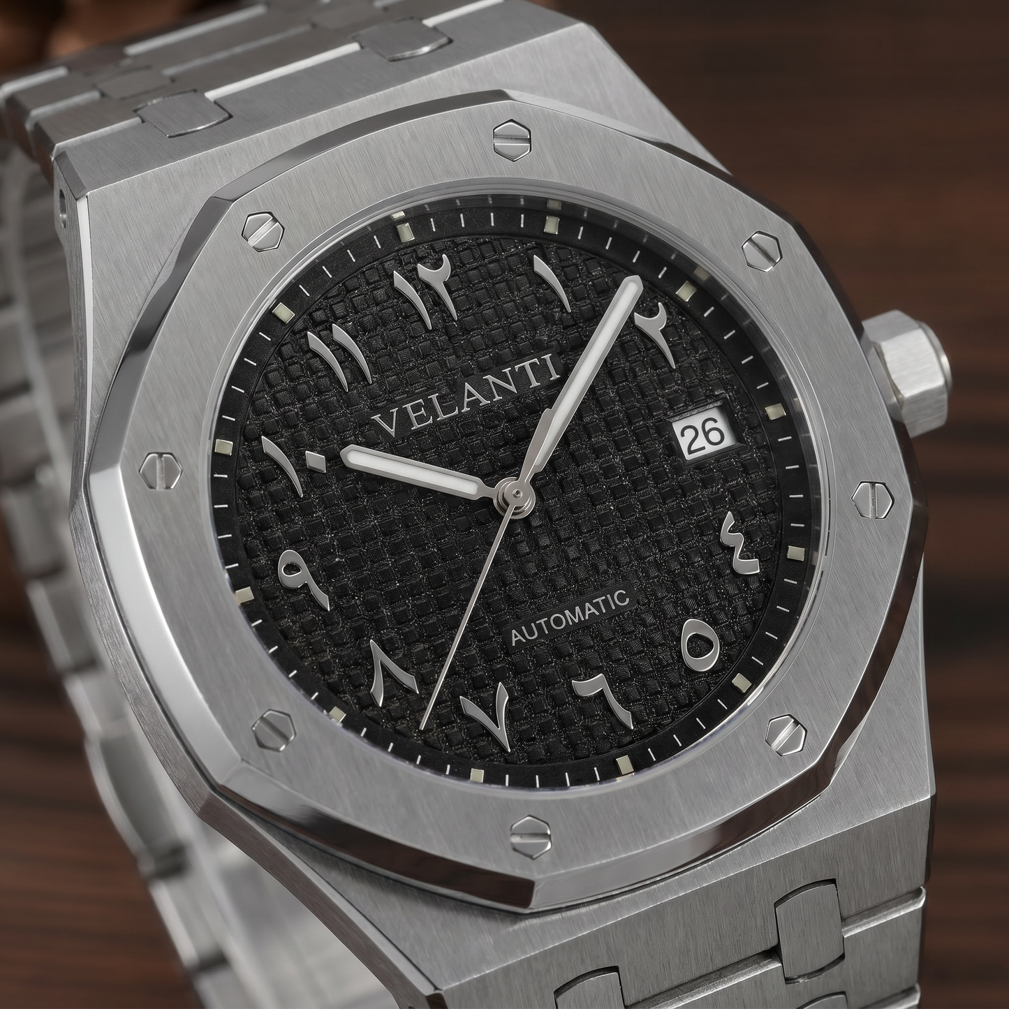 Royal Oak-style custom mod watch, Velanti Milano Royal Veloak Arabic Black, product photo 4