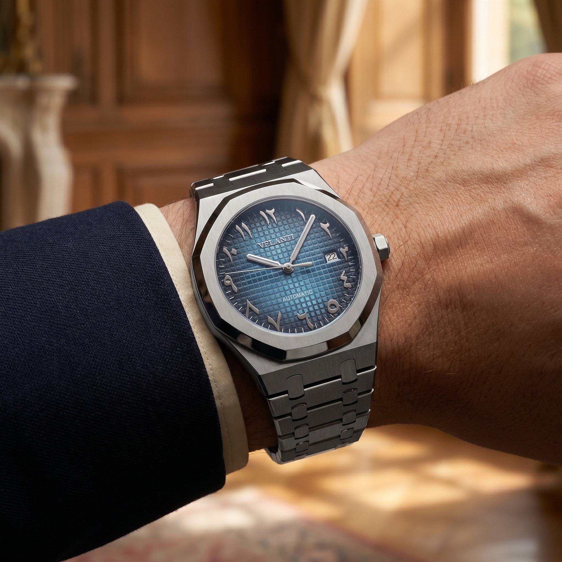 Royal Oak-style custom mod watch, Velanti Milano Royal Veloak Arabic Blue, product photo 2
