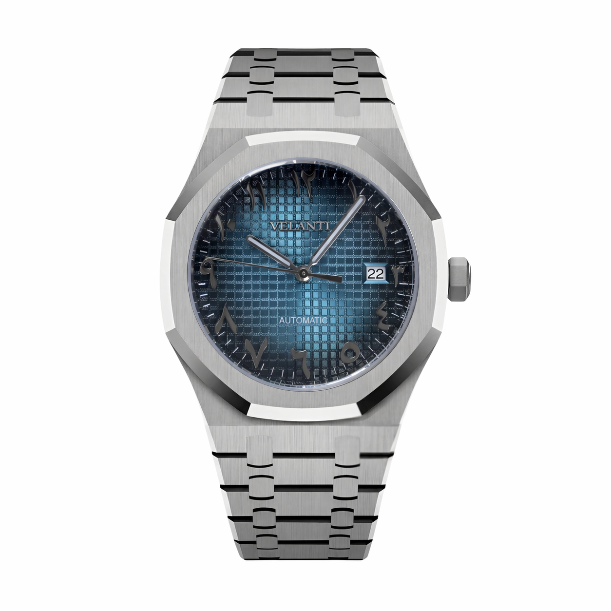 Royal Oak-style custom mod watch, Velanti Milano Royal Veloak Arabic Blue, main product photo