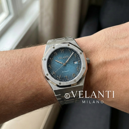 Royal Oak-style custom mod watch, Velanti Milano Royal Veloak Arabic Blue, product photo 3
