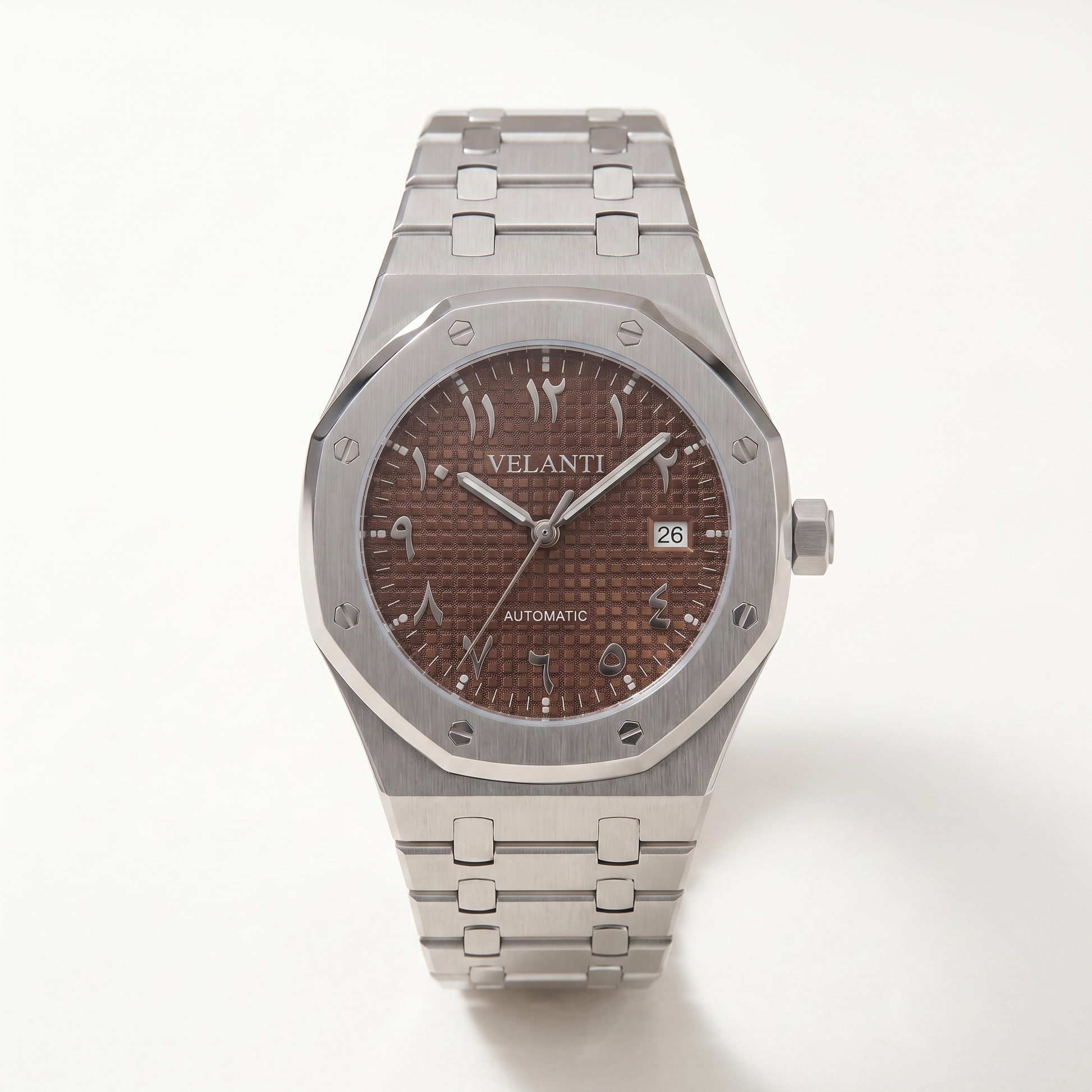 Royal Oak-style custom mod watch, Velanti Milano Royal Veloak Arabic Brown, product photo 4