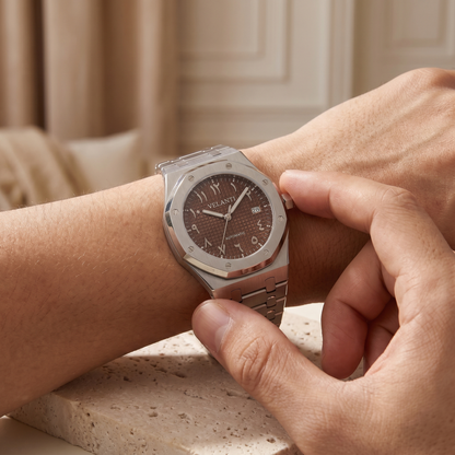 Royal Oak-style custom mod watch, Velanti Milano Royal Veloak Arabic Brown, product photo 6